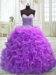 Purple Ball Gowns Beading and Ruffles Ball Gown Prom Dress Lace Up Organza Sleeveless
