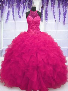 Hot Pink Sleeveless Organza Lace Up Quinceanera Dress for Military Ball and Sweet 16 and Quinceanera
