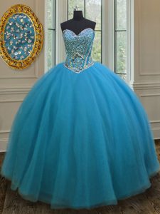 Affordable Floor Length Lace Up Quinceanera Dresses Teal for Military Ball and Sweet 16 and Quinceanera with Beading