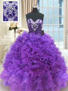 Best Organza Sleeveless Floor Length Quince Ball Gowns and Beading and Ruffles
