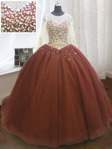 Burgundy Lace Up Scoop Beading and Sequins 15 Quinceanera Dress Organza Long Sleeves Sweep Train
