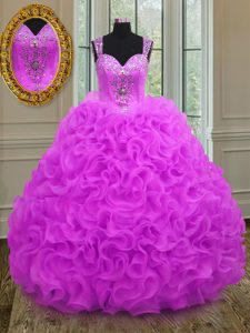 Fashion Straps Floor Length Lace Up Sweet 16 Dresses Fuchsia for Military Ball and Sweet 16 and Quinceanera with Beading and Ruffles
