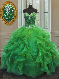 Ball Gowns Organza and Sequined Sweetheart Sleeveless Beading and Ruffles Floor Length Lace Up Vestidos de Quinceanera