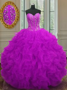 Top Selling Purple Organza Lace Up Quinceanera Dress Sleeveless Floor Length Beading and Ruffles