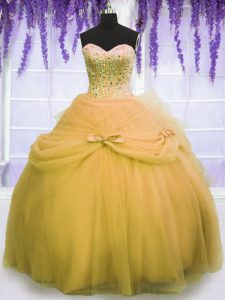 Gold Sleeveless Beading and Bowknot Floor Length Quinceanera Gowns