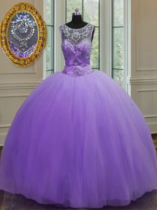 On Sale Scoop Floor Length Lace Up 15th Birthday Dress Lavender for Military Ball and Sweet 16 and Quinceanera with Beading