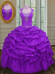 Amazing Taffeta Straps Sleeveless Lace Up Beading and Pick Ups Sweet 16 Dresses in Purple