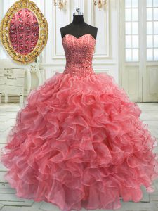 Watermelon Red Organza Lace Up 15 Quinceanera Dress Sleeveless Floor Length Beading and Ruffles