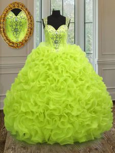 Straps Sleeveless Floor Length Beading and Ruffles Zipper Quince Ball Gowns with Yellow Green