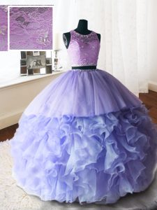 Artistic Scoop Sleeveless Brush Train Zipper 15 Quinceanera Dress Lavender Organza and Tulle and Lace