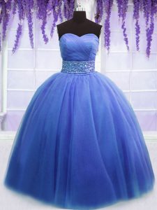 Amazing Blue Sweetheart Lace Up Beading and Belt 15th Birthday Dress Sleeveless