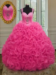 Hot Pink Sweet 16 Quinceanera Dress Military Ball and Sweet 16 and Quinceanera and For with Beading and Ruffles Straps Sleeveless Zipper
