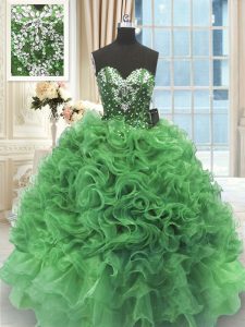 Dazzling Green Sweetheart Lace Up Beading and Ruffles Sweet 16 Dresses Sleeveless