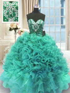 Glittering Sleeveless Organza Floor Length Lace Up Sweet 16 Quinceanera Dress in Turquoise with Beading and Ruffles