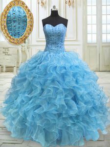 Popular Baby Blue Ball Gowns Organza Sweetheart Sleeveless Beading and Ruffles Floor Length Lace Up Quinceanera Dresses