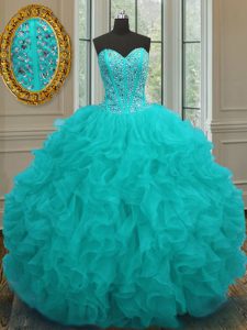 Sexy Aqua Blue Lace Up Sweetheart Beading and Ruffles Quinceanera Gowns Organza Sleeveless