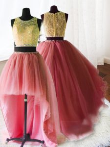 Attractive Three Piece Watermelon Red Organza and Tulle and Lace Zipper Scoop Sleeveless With Train Quince Ball Gowns Brush Train Beading and Lace and Ruffles
