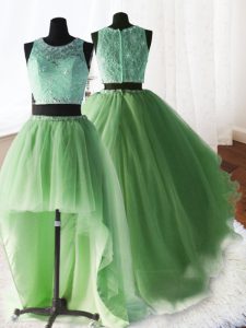 Three Piece Scoop Yellow Green Sleeveless Brush Train Beading and Lace and Ruffles With Train Sweet 16 Dress