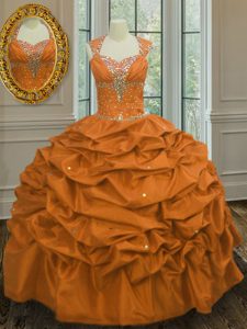 Straps Floor Length Orange Sweet 16 Dress Taffeta Sleeveless Beading and Pick Ups