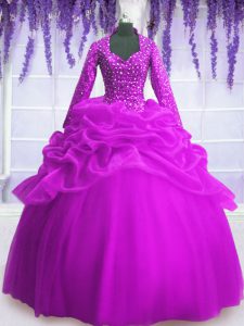 Admirable V-neck Long Sleeves Organza 15th Birthday Dress Sequins and Pick Ups Zipper