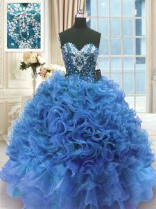 Organza Sweetheart Sleeveless Lace Up Beading and Ruffles Vestidos de Quinceanera in Blue