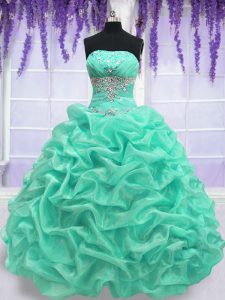 Organza Strapless Sleeveless Lace Up Beading Sweet 16 Quinceanera Dress in Turquoise