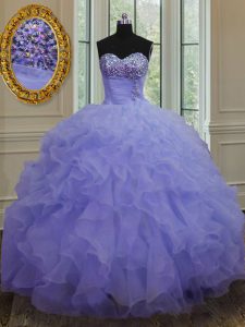 Fitting Lavender Ball Gowns Sweetheart Sleeveless Organza Floor Length Lace Up Beading and Ruffles Ball Gown Prom Dress