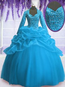 Baby Blue Zipper V-neck Sequins and Pick Ups Quinceanera Gowns Organza Long Sleeves