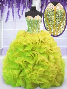 Sweetheart Sleeveless 15th Birthday Dress Sweep Train Beading and Ruffles Yellow Green Organza