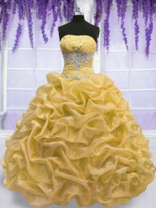 Gold Lace Up Sweet 16 Dresses Beading Sleeveless Floor Length