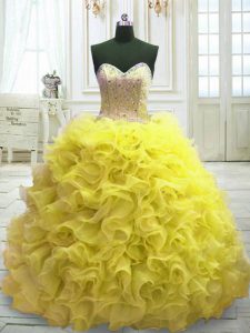 High End Sweetheart Sleeveless Quinceanera Gown Sweep Train Beading and Ruffles Yellow Organza