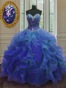 Unique Blue Ball Gowns Beading and Ruffles Sweet 16 Quinceanera Dress Lace Up Organza and Sequined Sleeveless Floor Length