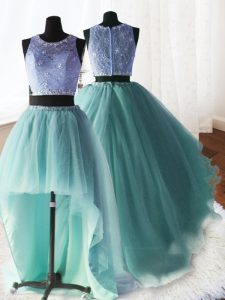 High Quality Three Piece Scoop Lace Sleeveless With Train Beading and Ruffles Zipper Vestidos de Quinceanera with Apple Green Brush Train