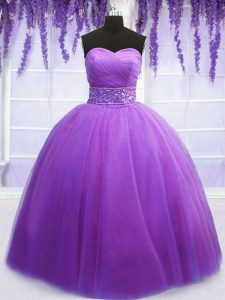Pretty Floor Length Lace Up Quinceanera Gowns Purple for Military Ball and Sweet 16 and Quinceanera with Belt