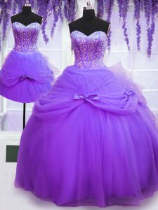 Stunning Three Piece Floor Length Lace Up 15th Birthday Dress Purple for Military Ball and Sweet 16 and Quinceanera with Beading and Bowknot