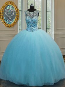 Traditional Scoop Baby Blue Lace Up Quinceanera Gowns Beading Sleeveless Floor Length