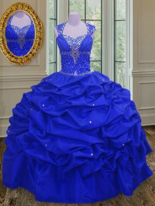 Royal Blue Ball Gowns Straps Sleeveless Taffeta Floor Length Lace Up Beading and Pick Ups 15th Birthday Dress
