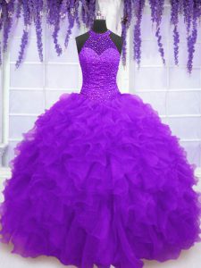 Sophisticated Floor Length Lace Up Quinceanera Gown Purple for Military Ball and Sweet 16 and Quinceanera with Beading and Ruffles