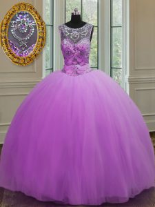 Excellent Halter Top Floor Length Lace Up Quince Ball Gowns Purple for Military Ball and Sweet 16 and Quinceanera with Beading