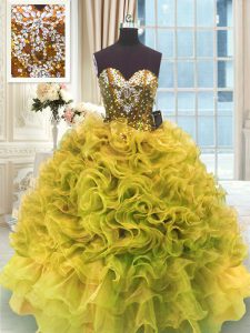 Gold Sleeveless Floor Length Beading and Ruffles Lace Up 15th Birthday Dress
