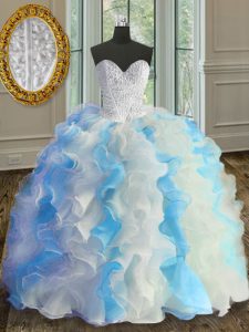 Blue And White Ball Gowns Beading and Ruffles Quince Ball Gowns Lace Up Organza Sleeveless Floor Length