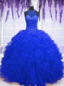 Perfect Royal Blue Ball Gowns Beading and Ruffles and Sequins 15th Birthday Dress Lace Up Organza Sleeveless Floor Length