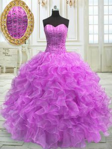 On Sale Sweetheart Sleeveless Quinceanera Gown Floor Length Beading and Ruffles Lilac Organza