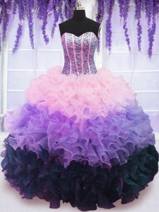 Captivating Multi-color Ball Gowns Sweetheart Sleeveless Organza Floor Length Lace Up Beading and Ruffles and Ruffled Layers Vestidos de Quinceanera