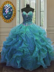 Blue Lace Up Quinceanera Gown Beading and Ruffles Sleeveless Floor Length