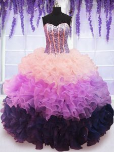 Nice Multi-color Ball Gowns Organza Sweetheart Sleeveless Beading and Ruffles and Ruffled Layers Floor Length Lace Up Sweet 16 Quinceanera Dress