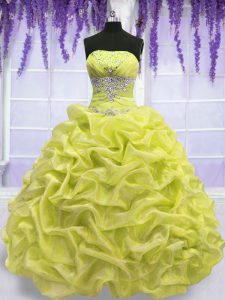 Deluxe Yellow Green Sleeveless Organza Lace Up Ball Gown Prom Dress for Military Ball and Sweet 16 and Quinceanera