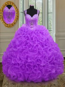 Luxury Purple Organza Zipper Straps Sleeveless Floor Length Quinceanera Gowns Beading and Ruffles