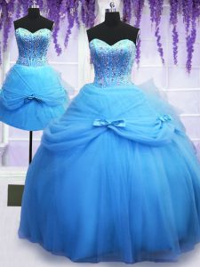 Hot Selling Three Piece Ball Gowns Sweet 16 Dresses Baby Blue Sweetheart Tulle Sleeveless Floor Length Lace Up