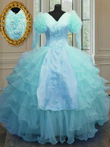 Vintage Blue Ball Gowns Organza V-neck Long Sleeves Embroidery and Ruffled Layers Floor Length Zipper Quinceanera Gown